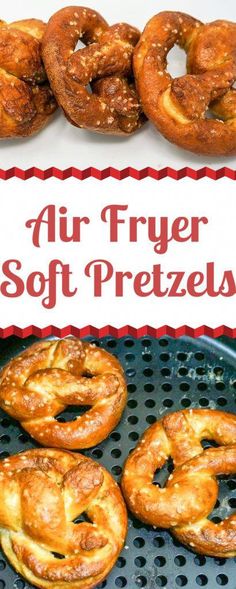 an air fryer with soft pretzels on it and the words air fryer soft pretzels