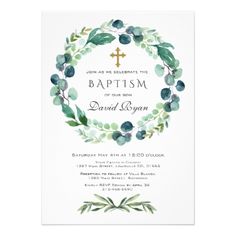 Sesame Street Invitations, Ideas Bautizo, Wreath Cross, Confirmation Invitations, Holy Communion Invitations, Baby Boy Baptism, Foliage Wreath, Boy Christening