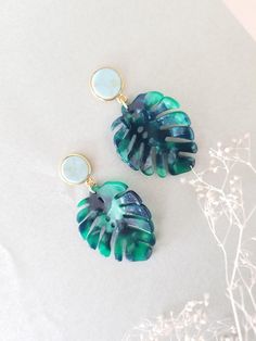 Statement Earrings Monstera Earrings Monstera LeafGift for Navy Ball, Monstera Earrings, Tropical Jewelry, Round Earring, Botanical Earrings, Custom Initial Necklace, Green Pendant, Resin Acrylic, Turquoise Stud Earrings