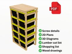 this is an image of a wooden shelving unit with yellow shelves and black bins