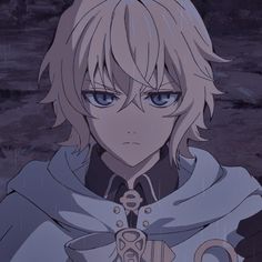 an anime character with long blonde hair and blue eyes, wearing a white cloak over his shoulders