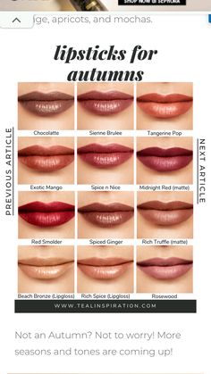 lipstick for deep autumn color analysis Deep Autumn Color Analysis, Autumn Color Analysis, Deep Autumn Makeup, Spring Makeup Looks, Stunning Eye Makeup, Lipstick Palette