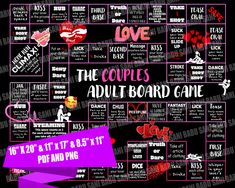 the couples'adult board game is shown in purple and black with red hearts on it