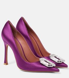 Camelia silk satin pumps in purple - Amina Muaddi | Mytheresa Purple High Heel Shoes, Silk Heels, Amina Muaddi Heels, Amina Muaddi Shoes, Casual Ballet Flats, Purple High Heels, Bridal Clutch Bag, Sequin Heels, Luxury Lifestyle Women