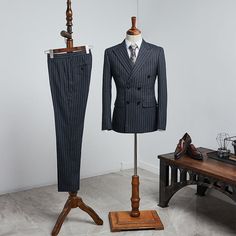 Shape: Slim,Regular,Loose Jacket Pant Button: Double Breasted Occasion: Business Neckline: Peaked Lapel Material: Polyester & Polyester Blend Pattern: Stripe Piece: 2 Piece Pocket: With Flap Loose Jacket, Prom Suits, Peak Lapel, Business Suit, Wedding Suits, Black Stripes, Double Breasted, 2 Piece, Prom