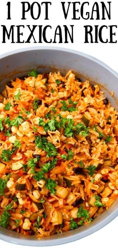 mexican rice in a white bowl with cilantro and parsley