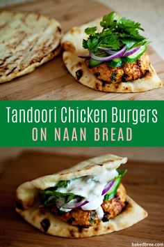 chicken burgers on naan bread with green onions and cilantro sauce