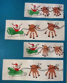 four handprints depicting santa and reindeer pulling a sleigh