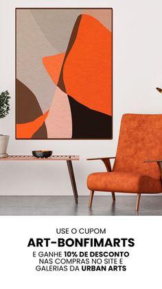 an orange chair in front of a large art - bonifmarts painting on the wall