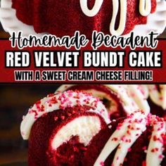 red velvet bundt cake with a sweet cream cheese filling on the top and bottom