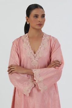 Salmon pink bell sleeves asymmetric kurta in silk base with sheer petunia lace embroideries on the sleeves, hem and neckline. Paired with a matching palazzo. - Aza Fashions Elegant Kaftan With Bell Sleeves, Elegant Tunic Top For Eid, Elegant Eid Tunic Top, Asymmetric Kurta, Kurta With Palazzo, Lace Silk, Lace Border, Silk Embroidery, Fashion App