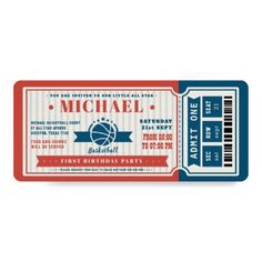 a ticket for a baseball game with the name and number on it, in red white and blue