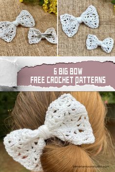 the crochet bow is shown with text overlay that says e big bow free crochet patterns