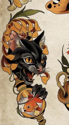 an image of cats with flowers and fish on them