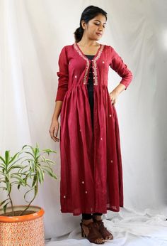 Maroon Mirror-Work Block Printed Soft Cotton Shrug, Plus Size, Made to Order, Custom MadeThese light-weight shrugs can be styled with any outfit.-Model height: 5'3" wearing size S-Length: 50"-Fit: Comfortable-100% Cotton**Note: Free Shipping time 15-21 days. Express Shipping time 5-7 days.** Long Sleeve Cotton Shrug, Cotton Shrugs, Carrot Colour, Blue Linen Pants, Shrugs And Boleros, Boho Scarfs, Dresses Indian, Anarkali Dress, Designer Dresses Indian