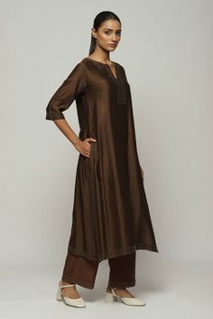 Chocolate brown kurta with bead embroidery in chanderi base. - Aza Fashions Elegant Tussar Silk Kurta With Cutdana, Elegant Cotton Silk Kurta With Dori Work, Elegant Brown Festive Kaftan, Festive Brown Elegant Kaftan, Elegant Raw Silk Kurta With Dori Work, Elegant Tussar Silk Straight Kurta, Elegant Silk Kurta With Dori Work, Festive Brown Chanderi Kurta, Elegant Brown Kurta For Festive Occasions