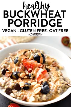 a bowl filled with oatmeal topped with fruit