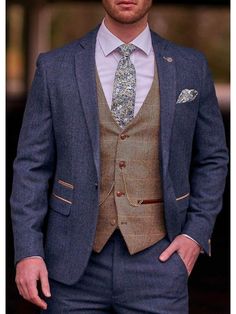 Dion Blue Tweed Wedding Suit 3 Piece with Brown Waistcoat by Marc Darcy Wedding 3 Piece Suit, Blue Tweed Wedding Suits, Brown Waistcoat, Mens Tweed Suit, Tweed Wedding, Suits Groom, Tweed Wedding Suits, Tweed Blazer Women, Mens Wedding Attire