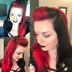 Dark Half And Half Hair, Black Hair Split Dye, Red And Black Split Dye, Hair Split Dye, Psychobilly Hair, Modern Rockabilly, Color Block Hair, Half And Half Hair, Split Dye