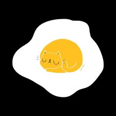 a fried egg with a sleeping cat on it's side, against a black background