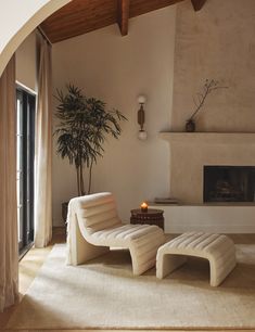 a living room with a couch, chair and potted plant in the corner by the fireplace