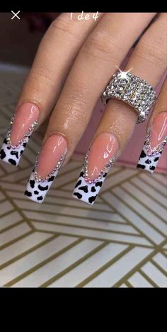 Best Acrylic Nails Designs Square, Nail Ideas Acrylic Cow Print, Cow Print Nails With Rhinestones, Edgy Square Nails, Cute Cow Print Nails Acrylic, Acrylic Cow Nails, Cow Printed Nails, Cow Print Nails Acrylic Long, Nail Ideas Tapered Square