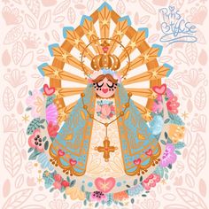 an image of the virgin mary with flowers and leaves around her, on a pink background