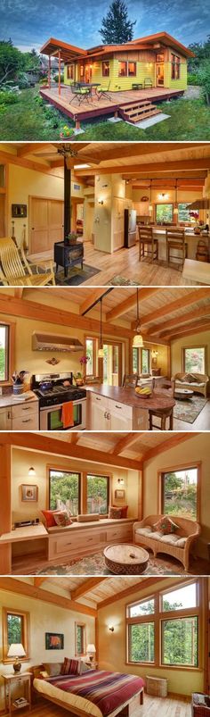 the inside and outside of a house that is in different stages of being built with wood