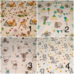 four pictures showing different types of fabric with animals on them and numbers in the middle