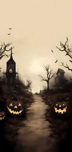 two jack o lantern pumpkins sitting on the ground in front of a graveyard with bats