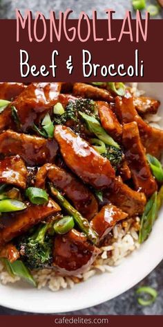 beef and broccoli on top of rice in a white bowl with text overlay