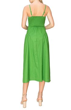 Thoughtfully placed seams contour the flowy feel of a summery midi painted in a springy shade and perfected with a pair of pockets. 41 1/2" center front length (size Medium) V-neck Adjustable straps Side-seam pockets Unlined 100% polyester Dry clean or hand wash, line dry Imported Green A-line Midi Dress For Vacation, Spring Mid-length Dress With Pleated Waist, Spring Green A-line Midi Dress, Green A-line Midi Dress For Spring, Casual Green A-line Midi Dress, Spring A-line Maxi Dress With Smocked Back, Spring Maxi Dress Relaxed Fit Unlined, Spring Relaxed Fit Unlined Maxi Dress, Casual A-line Maxi Dress With Smocked Back