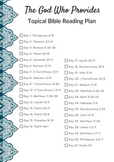 the god who provides biblical bible reading plan with blue and white design on top of it