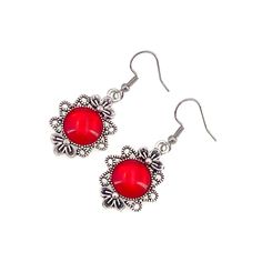 "Lovely dazzling bright red resin earrings set in silver tone. These gorgeous red earrings feature round resin cat eye stone with a soft glow. Detailed silver plated zinc alloy charms with all over pattern compliment the bright red hues. Sturdy lead and nickel free earring hook ensure all day comfort. Measurements(approx, see 3rd photo) Length:1.75\" resin stone:12 mm Charm:30x21mm" Red Earrings Dangle, Cat Eye Stone, Resin Stone, Cats Eye Stone, Earring Hook, Nickel Free Earrings, Handmade Fashion Jewelry, Onyx Earrings, Pink Agate