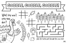 a coloring page with an image of a turkey and the words gobble, gobble