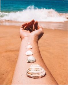 a person's arm with seashells on it and the ocean in the background