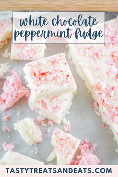 white chocolate peppermint fudge recipe on a baking sheet with text overlay