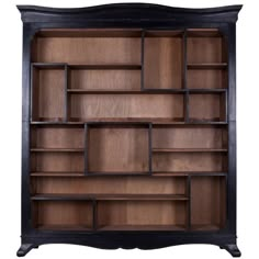 an old fashioned bookcase with wooden shelves on the front and bottom, against a white background