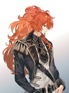 an anime character with red hair and black clothes