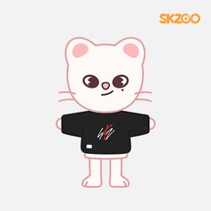 a white cat wearing a black shirt and standing in front of a gray background with the words skeego on it