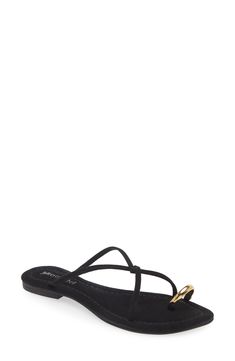 A metallic toe loop and interlocking vamp straps create contemporary allure on a leather slide sandal that will complement your trendsetting style. Flat sole Leather upper and lining/synthetic sole Imported Leather Slide Sandals, Leather Slides, Sandal Women, Jeffrey Campbell, Flat Sandals, Slide Sandals, Black Sandals, Black Suede, Belts