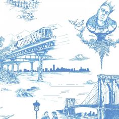 a blue and white drawing of a bridge, street signs, and people walking on the sidewalk