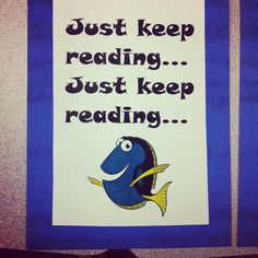 a sign that reads just keep reading just keep reading with an image of a fish