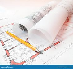 architectural drawings and pencil on top of blueprints stock photo - image 399874