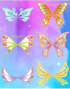 four different types of butterfly wings on a blue, pink and purple background with stars