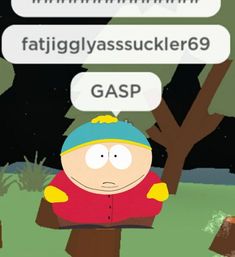 the south park characters are talking to each other in front of a tree with text bubbles above them