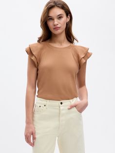 Ribbed Flutter Sleeve T-Shirt | Gap Factory Casual Stretch T-shirt With Ruffle Sleeves, Spring Stretch Knit Top With Ruffle Sleeves, Stretch Flutter Sleeve Tops For Work, Workwear Flutter Sleeve Stretch Top, Summer Ruffle Sleeve Knit Top, Summer Knit Top With Ruffle Sleeves, Casual Ruffle Sleeve Knit Top, Chic Stretch Tops With Flutter Sleeves, Solid Casual T-shirt With Flutter Sleeves