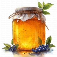 a painting of a jar of honey with blueberries