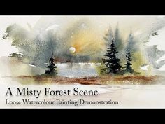 a watercolor painting demonstration with trees and the words misty forest scene