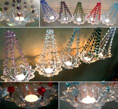 many different colored glass candle holders with candles in them and some are hanging from the ceiling